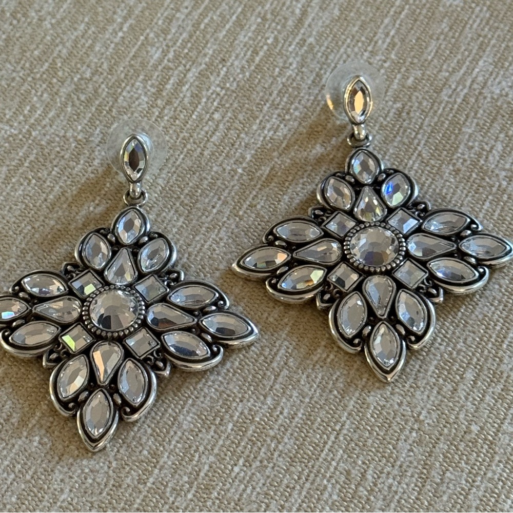 Brighton Silver-Tone Swarovski Crystal Floral Dangle Earrings - Picture 3 of 10